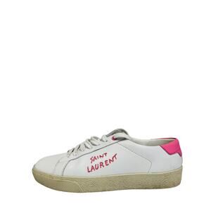 SAINT LAURENT White Pink Leather Logo Court Classic Lace Up Low Top Sneakers 35